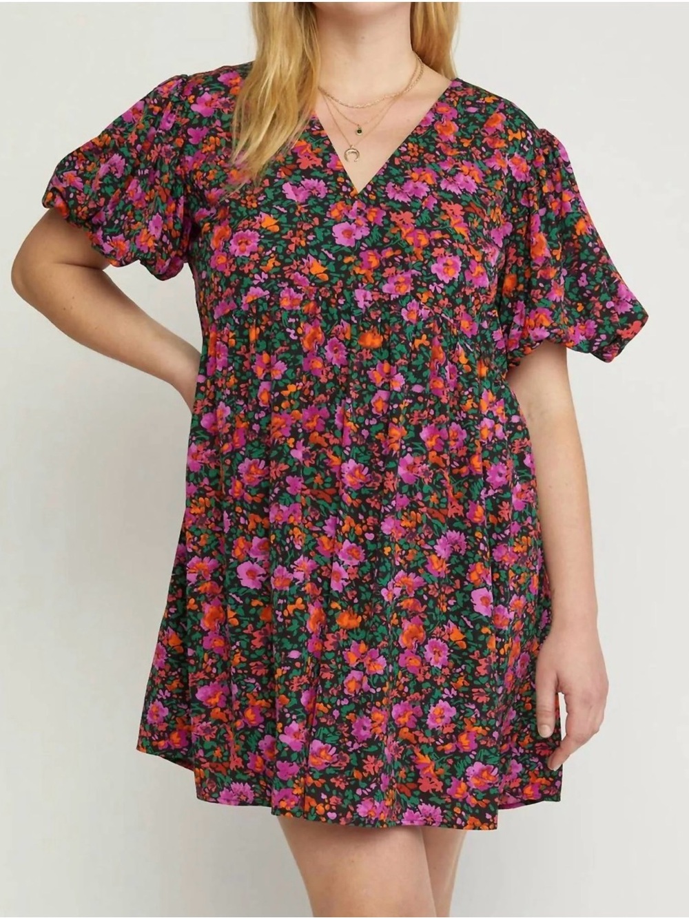 entro Floral V-Neck Mini Dress in Pink, Orange & Green